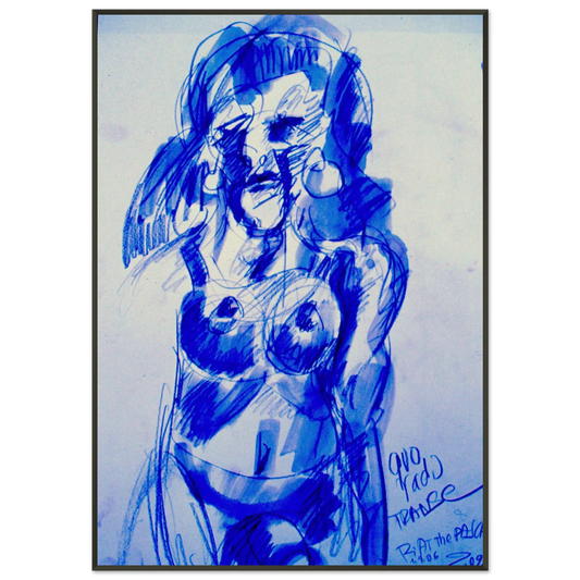 @The Pasha 7th Floor (2006) von Ri Meuser von Eschmar: blaue Kreidezeichnung einer Figur mit der Aufschrift „Quo vadis Transe“
